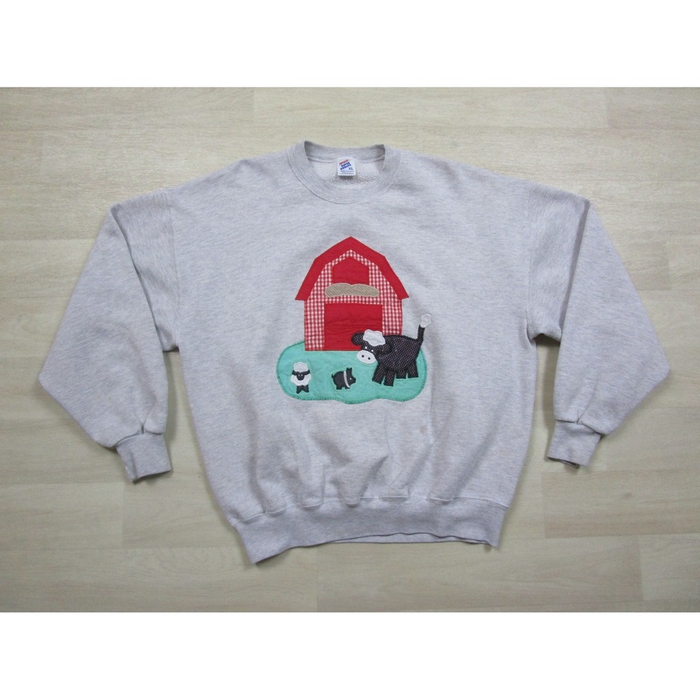 Vintage 90s Farm Theme Crewneck Sweatshirt (XL) Cow Sheep Barn Country Jerzees
